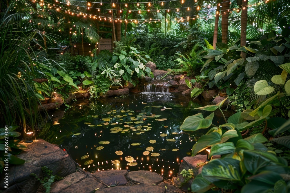Poster a pond surrounded by abundant plants illuminated by an array of lights, construct a magical scene wh