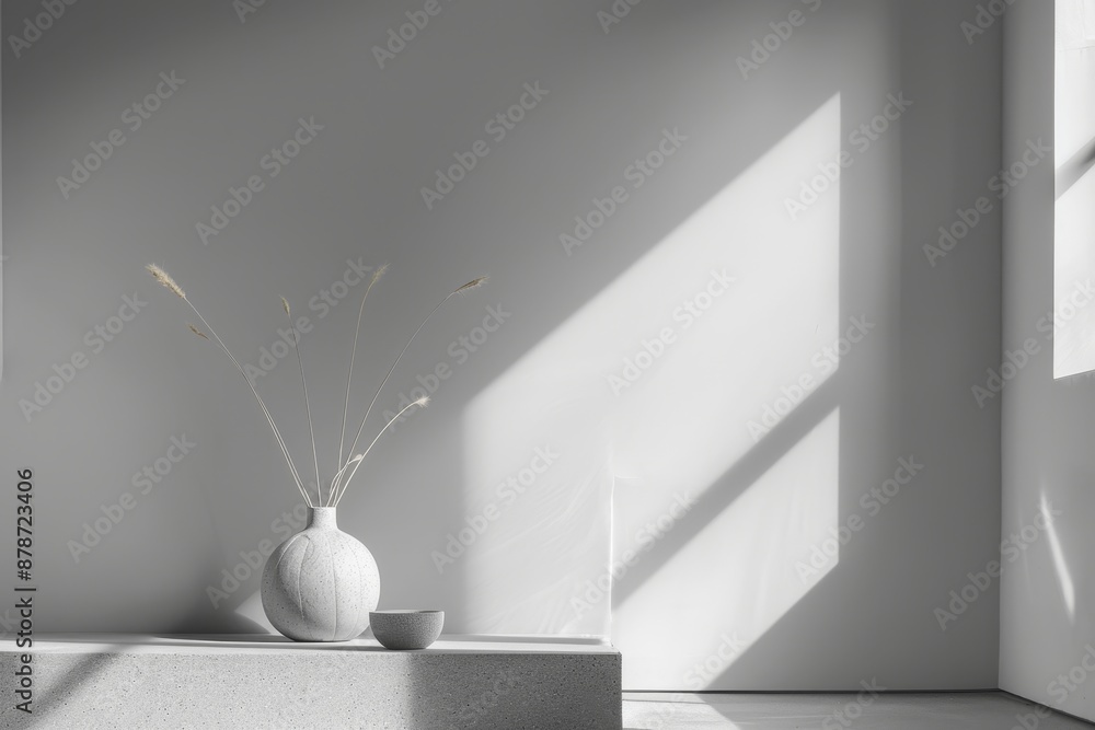Poster a white vase sits on a counter next to a window in a minimalist composition, construct a minimalist 