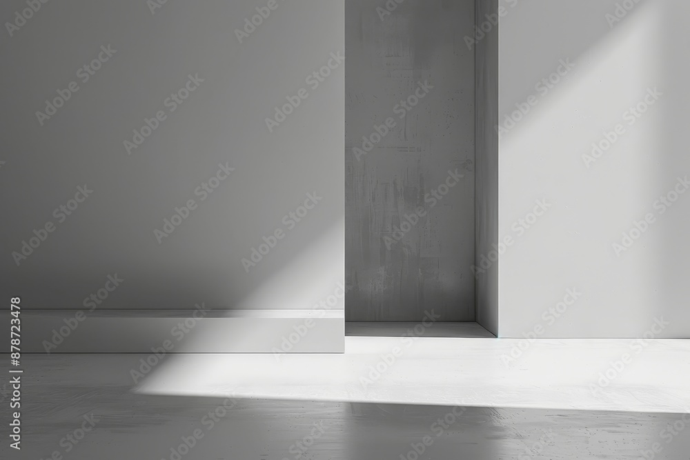 Poster a minimalist room with a white color scheme and empty space, construct a minimalist composition with