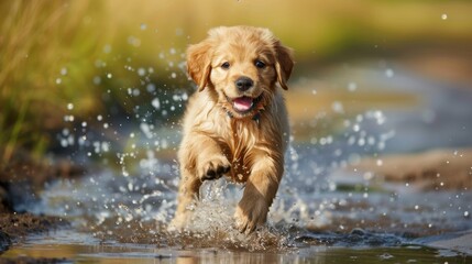 Golden retriever puppy running through water in a field