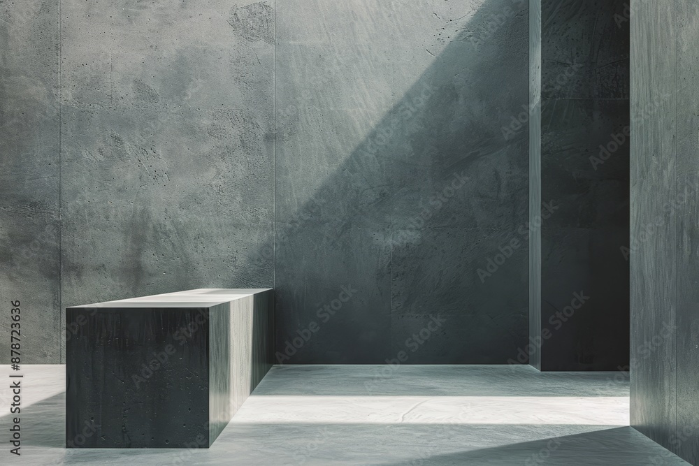 Poster sparsely furnished room with concrete walls and a simple bench, construct a minimalist composition w