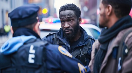 Fototapeta premium Police officer speaking with man on city street during daylight hours
