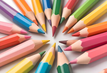 Fototapeta premium Top view of colorful pencils on white background with space for text