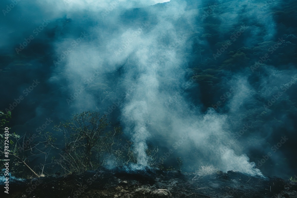 Aufkleber a large amount of smoke billowing out from the earths surface, construct a visual narrative of smoke