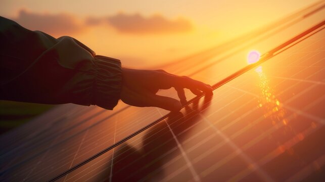 Close up of an young engineer hand is checking an operation of sun and cleanliness of photovoltaic solar panels on a sunset. Conceptrenewable energy, technology,electricity,service, green,future