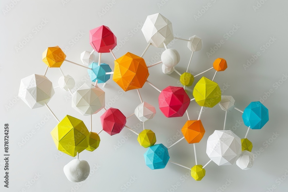 Poster assorted balls of various colors suspended from a string in a visually striking display, construct a