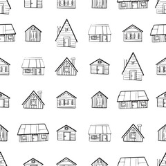 Seamless pattern village. A diverse set of house icons showcasing different architectural styles and structures. Black and white doodle buildings. Outline monochrome