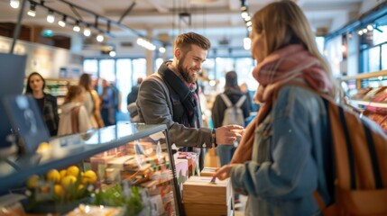 Fototapeta premium Man smiles and offers food to a woman at a busy market