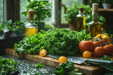 Many vegetables on a cutting board with a knife, nutritionist concept , Food background