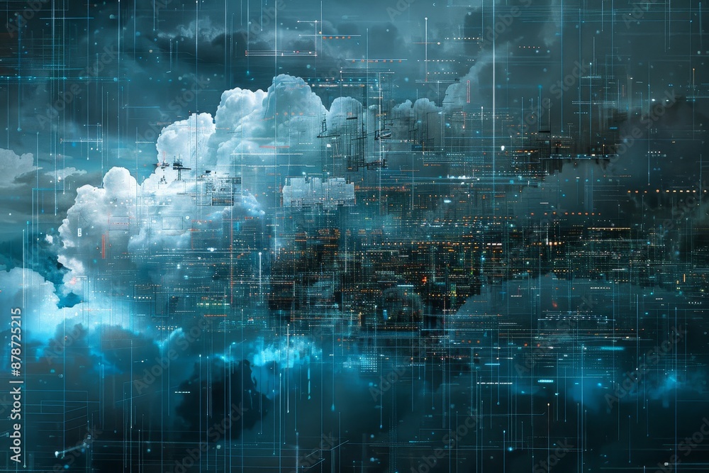 Poster digital city floating in the sky, convey the concept of security and encryption in the cloud through