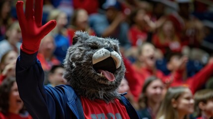Wolf mascot waves to crowd at basketball game