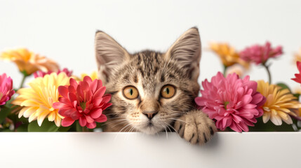 Cute tabby kitten peeking from behind colorful flowers.