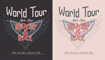Rock and roll vintage print design. Music world tour vector artwork for apparel, stickers, posters, background and others. Eagle wing and diamond design. Rebel rock music poster design.