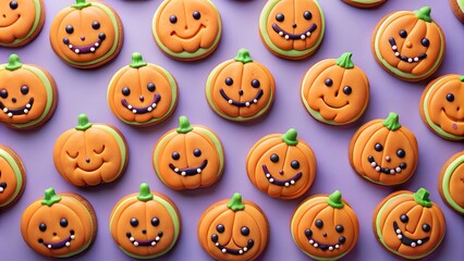 Obraz premium halloween themed pumpkin gingerbread cookies with kawaii faces on a pastel purple background
