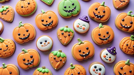 Obraz premium halloween themed pumpkin gingerbread cookies with kawaii faces on a pastel purple background