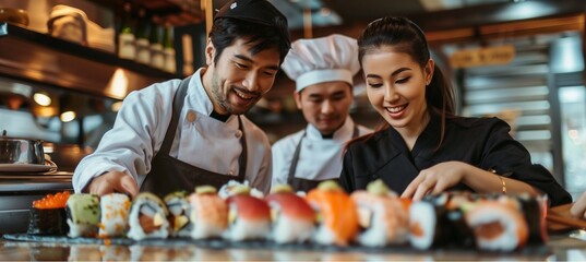 Culture of eating sushi and teaching how to make sushi to attract customers