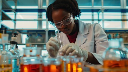 Female scientist working with chemicals in a laboratory