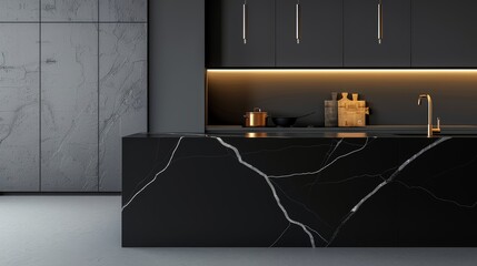 Modern kitchen setting with a luxurious black marble countertop and matching black wall, high-quality detailed photo, focus cover all object