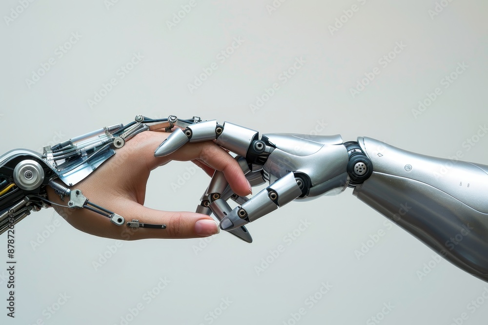 Poster a person is holding a robot hand with both hands in a firm grip, showcasing the interaction between 