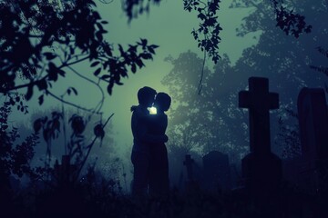 A couple stands in silhouette, embracing and kissing in a cemetery under a misty sky