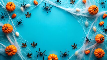 Obraz premium Happy halloween flat lay mockup with spiders, decoration and spider web on blue background. 