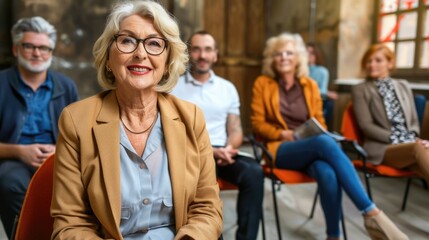 A confident woman in a tan jacket smiles at the camera in a busy waiting area. Her expression indicates she's prepared for what's to come
