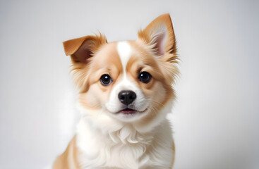 Studio photo shoot of a close up brown and white puppy portrait in front of a white background with space for text