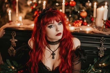 Fototapeta premium A woman with fiery red hair and a black lace dress sits in a dimly lit room, surrounded by candles