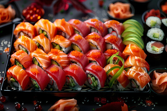 Overhead japanese sushi food. Maki ands rolls with tuna, salmon, shrimp, crab and avocado. Top view of assorted sushi, all you can eat menu. Rainbow sushi roll, uramaki, hosomaki and nigiri