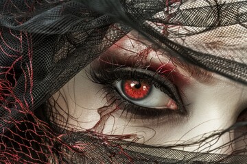 A single red eye peers out from beneath a veil of black lace, the intricate pattern framing the intense gaze