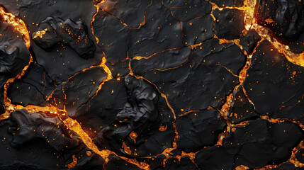 Czarne tło - surowiec skalny. Magma wypływająca na powierzchnię ziemi. Złota lawa wulkaniczna spod czarnych skał. Tło lub tapeta. Szablon na baner internetowy