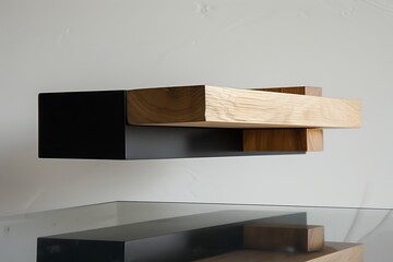 A minimalist desk organizer, blending natural wood and matte black finishes, floating above a reflective surface