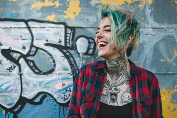 A woman with bright green hair and numerous tattoos laughs in front of a wall covered in urban art