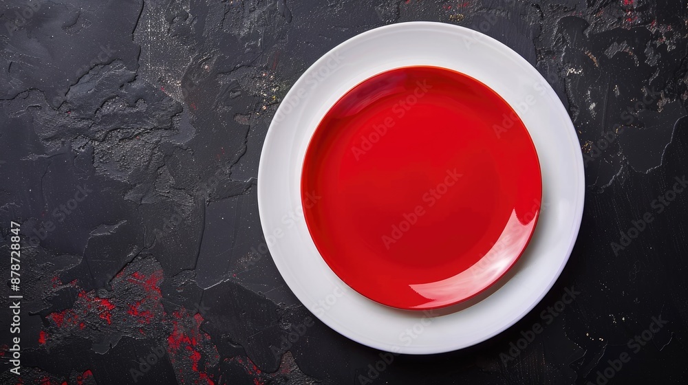 Poster white plate with red bottom on black background viewed from the top with space for text