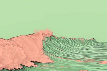 A minimalist line art drawing of a perfect coral-colored wave cresting against a seafoam green background.