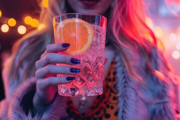 A woman holds a glass of sparkling water with a slice of orange, illuminated by pink and orange neon lights