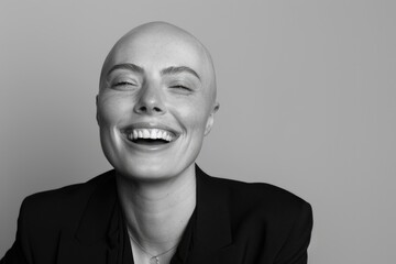 A woman with a shaved head, wearing a blazer, laughs radiantly, her white teeth gleaming, as she stands against a pale, smooth backdrop