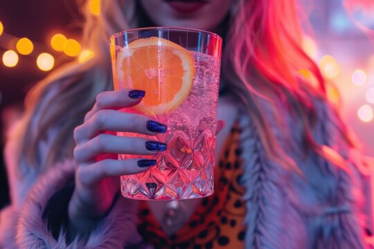 A woman holds a glass of sparkling water with a slice of orange, illuminated by pink and orange neon lights