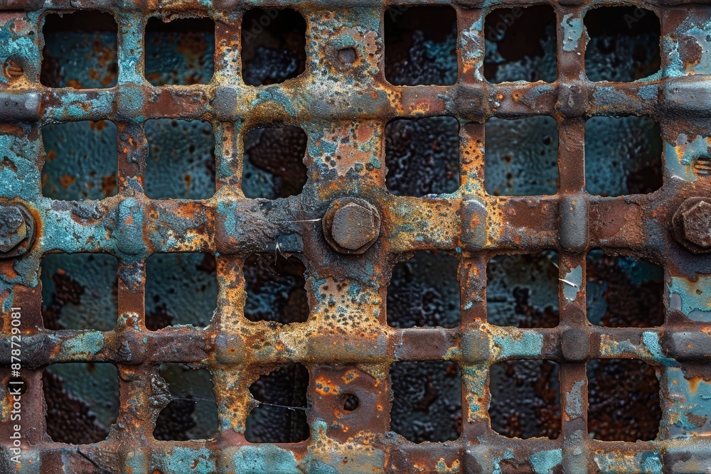 Poster a corroded metal grate with multiple holes and rivets, covered in layers of rust and grime, corroded