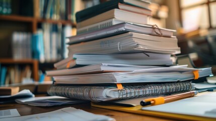 A stack of books and papers on a desk near a bookshelf