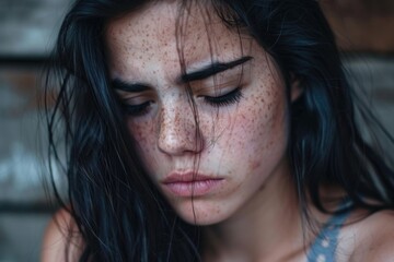 A young woman with long, dark hair looks down, lost in thought. Her face is adorned with freckles and a hint of sadness