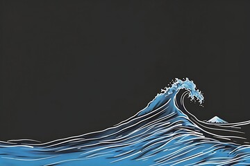 A minimalist line art drawing of a single, perfect blue wave cresting against a stark black background.