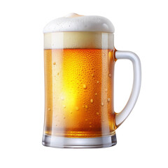 Beer mug with frothy head and condensation droplets on black background