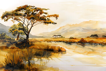 Watercolor, landscape of the African savanna 