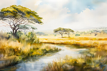 Watercolor, landscape of the African savanna 