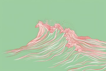 A minimalist line art drawing of a perfect coral-colored wave cresting against a seafoam green background.