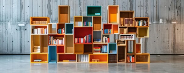 A modular bookshelf with customizable sections, featuring various books and decorative items in a contemporary room