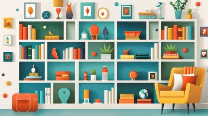 A vibrant kids' room showcasing colorful bookshelves filled with books, toys, and decor, creating a playful and bright atmosphere