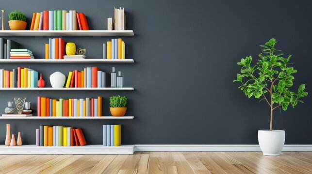 Chic living room with a sleek white bookshelf against a dark wall, filled with colorful books and decorative items