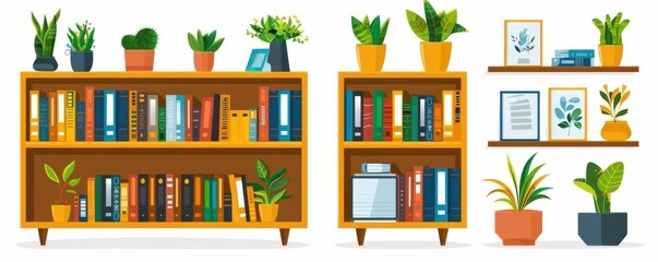 Obraz premium Rustic wooden bookshelves adorned with vibrant plants and neatly arranged books, creating a cozy and inviting atmosphere